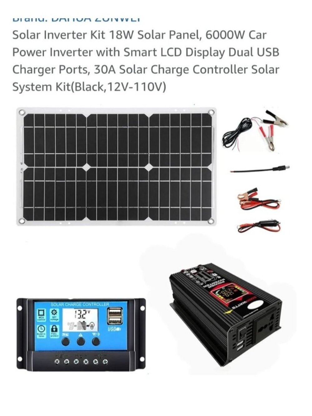 Solar Inverter Kit 18W Solar Panel 6000W Car Power Inverter LCD 30A Solar Charge